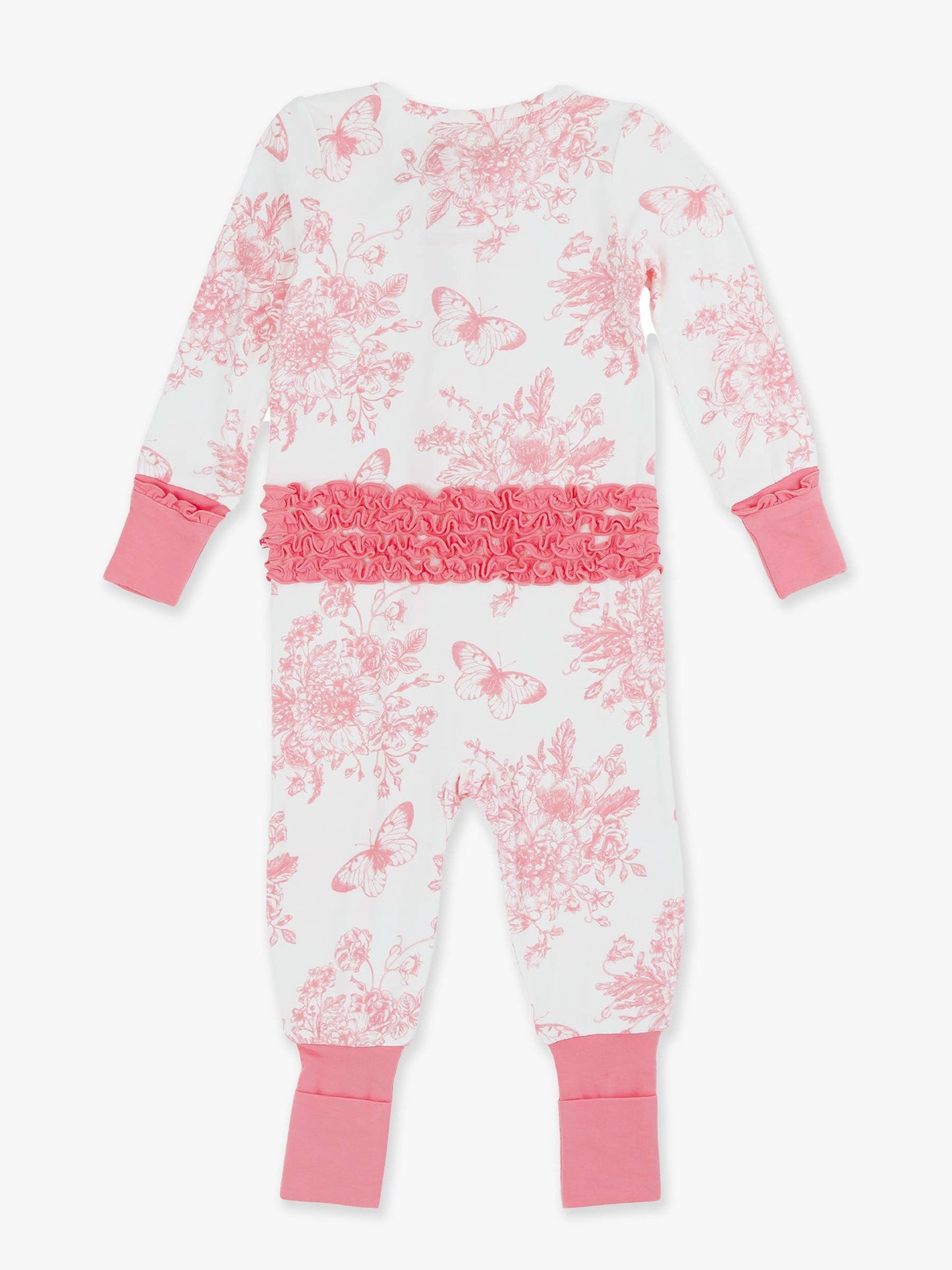 SoftSnooze™ Baby Girls Bamboo Viscose Pink Butterfly Garden Toile Convertible Ruffle One Piece Footie Pajama
