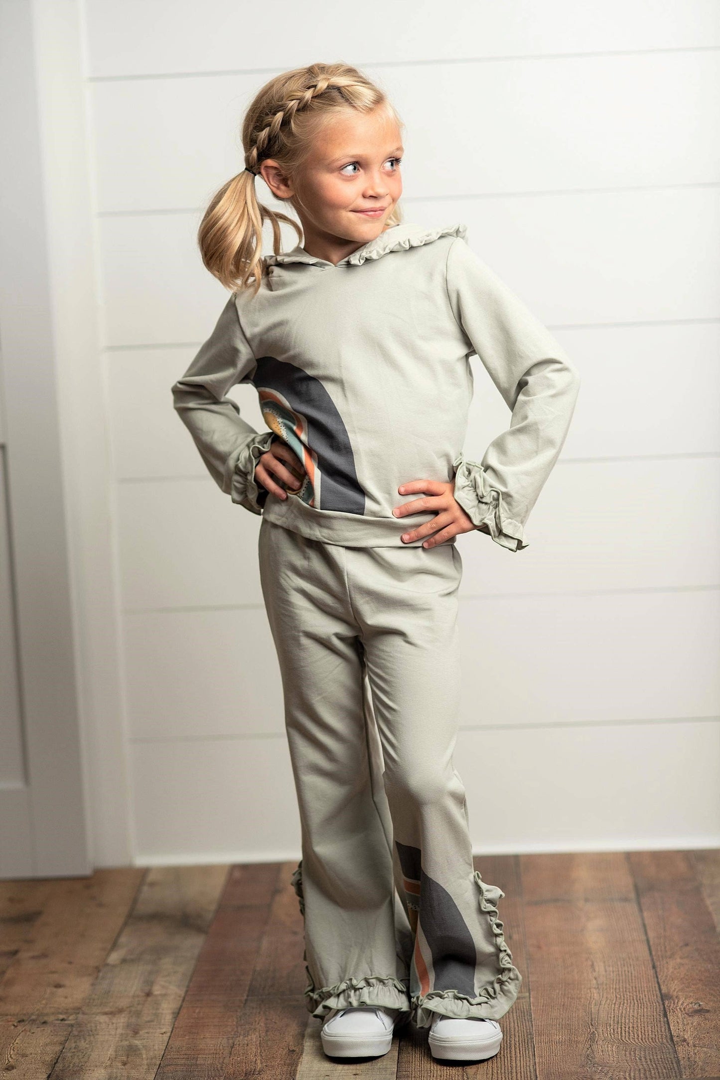 Girls Gray Sage Rainbow Hooded Fall Sweatsuit Lounge Set