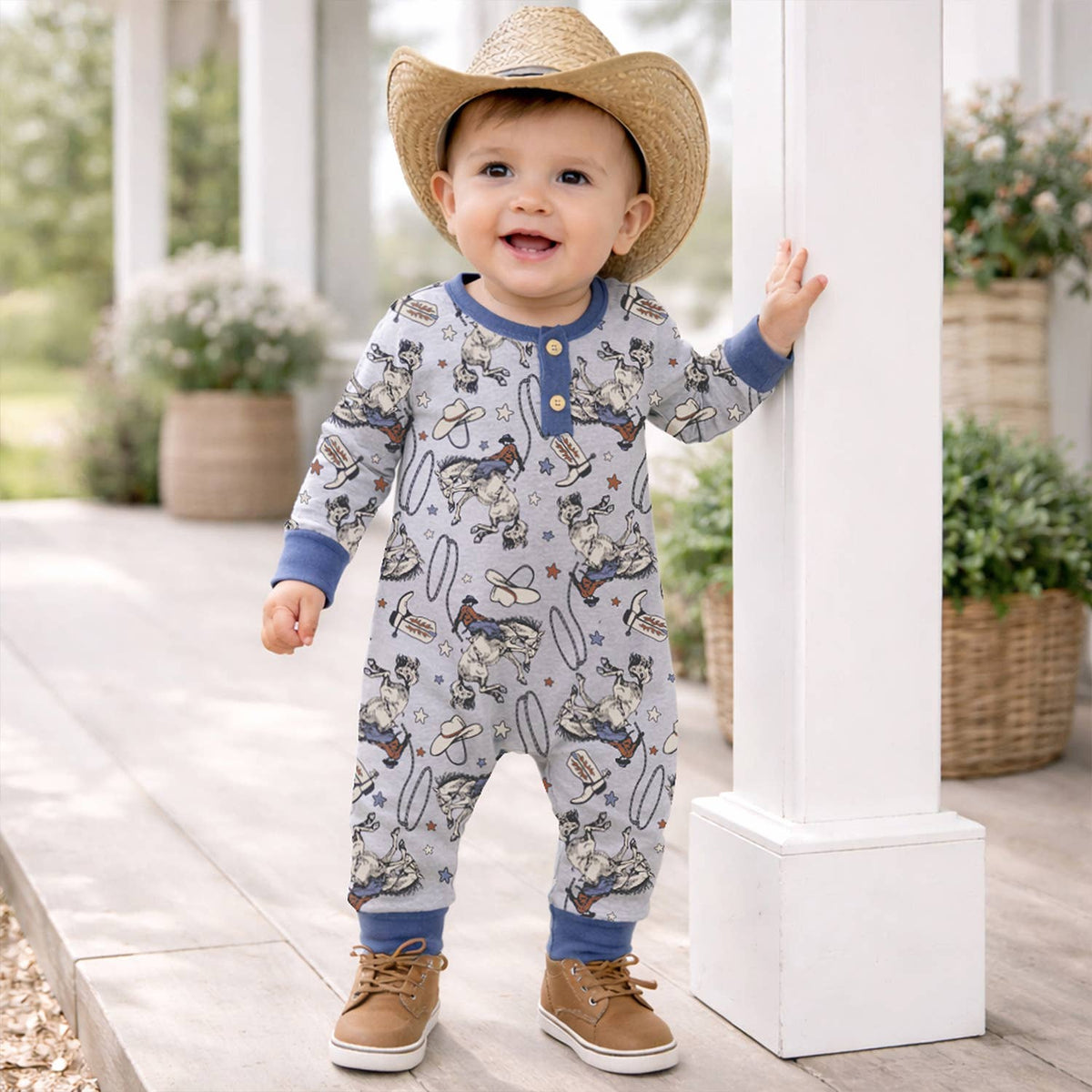 Western Cowboy Rodeo Henley Baby Boy Romper - Bamboo