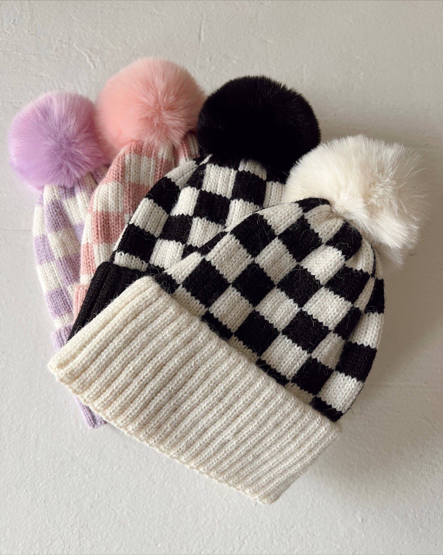 Purple Checkerboard Fur Pom Hat
