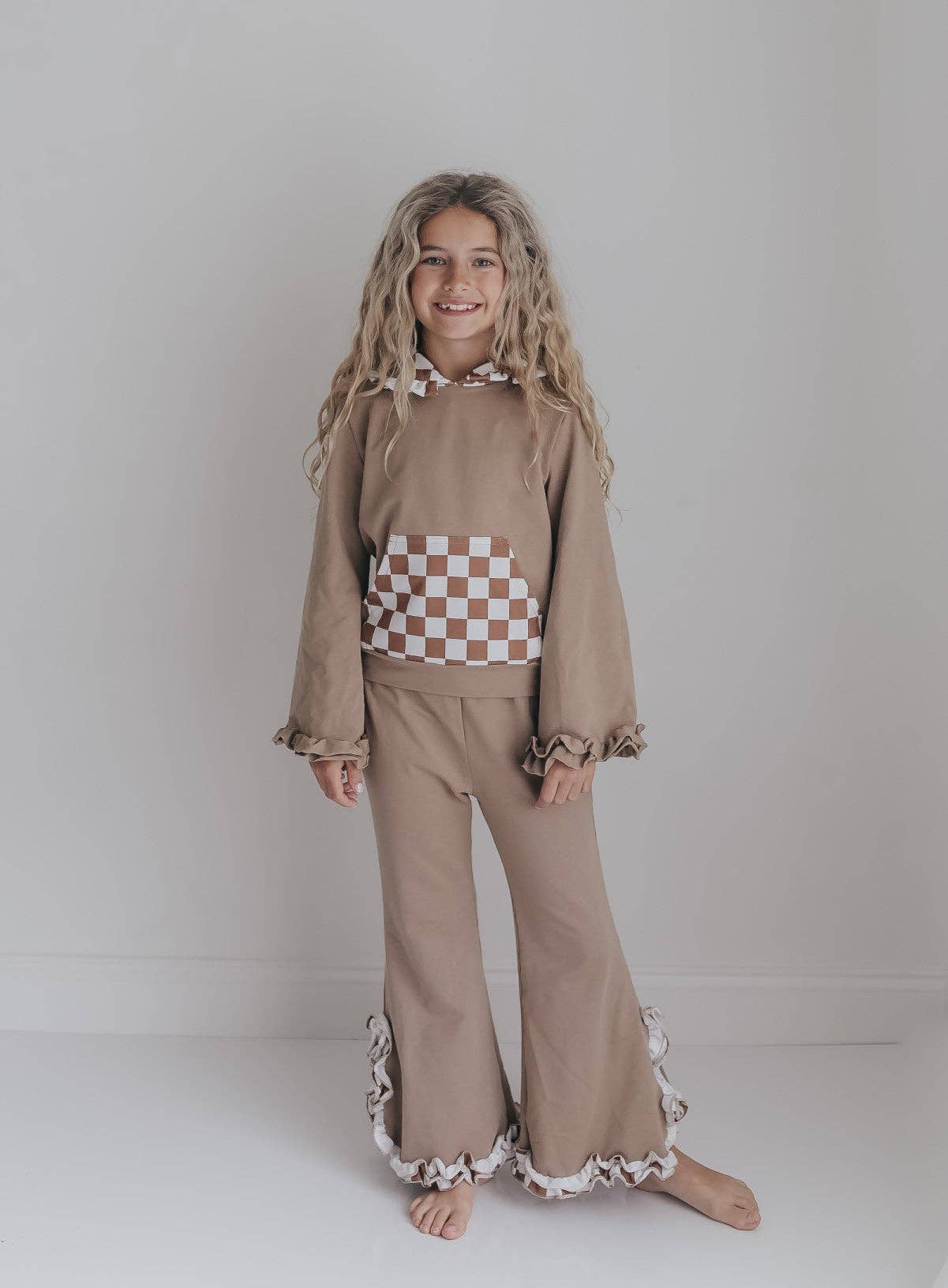 Kids Tan Checkered Hooded Ruffle Pocket Fall Lounge Set