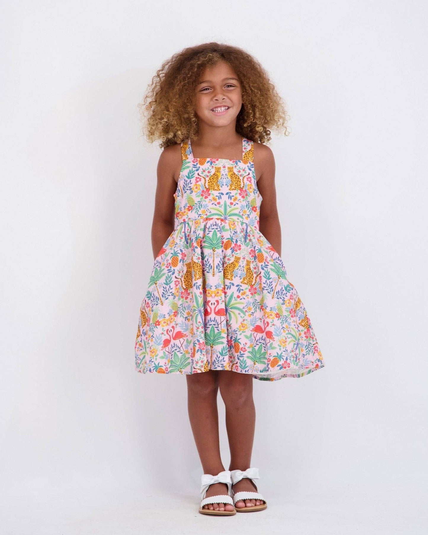 Girls Textured Cotton Poplin Dress | Pink Cheetah