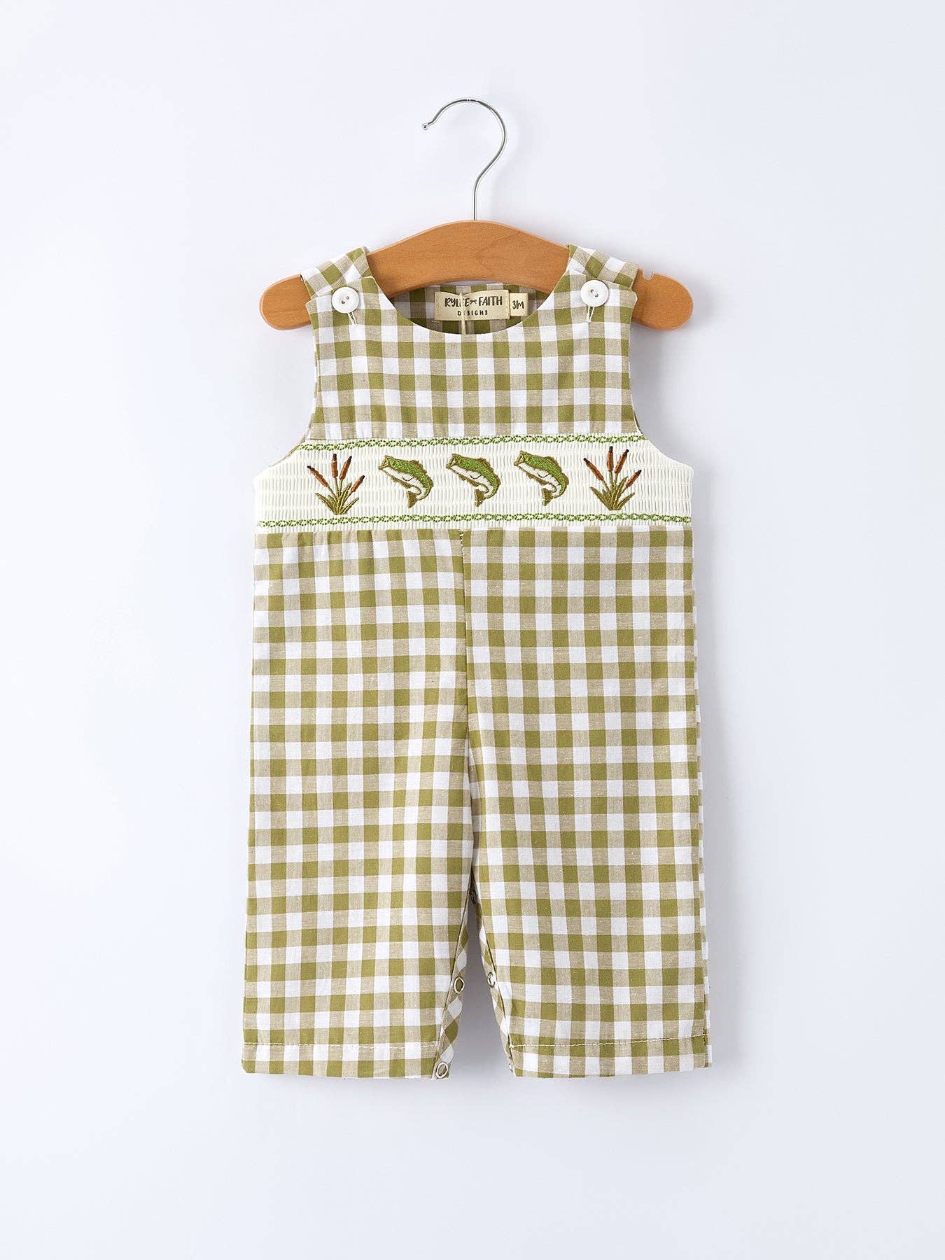 Green Plaid Fish Embroidered Smocked Baby Boy Romper