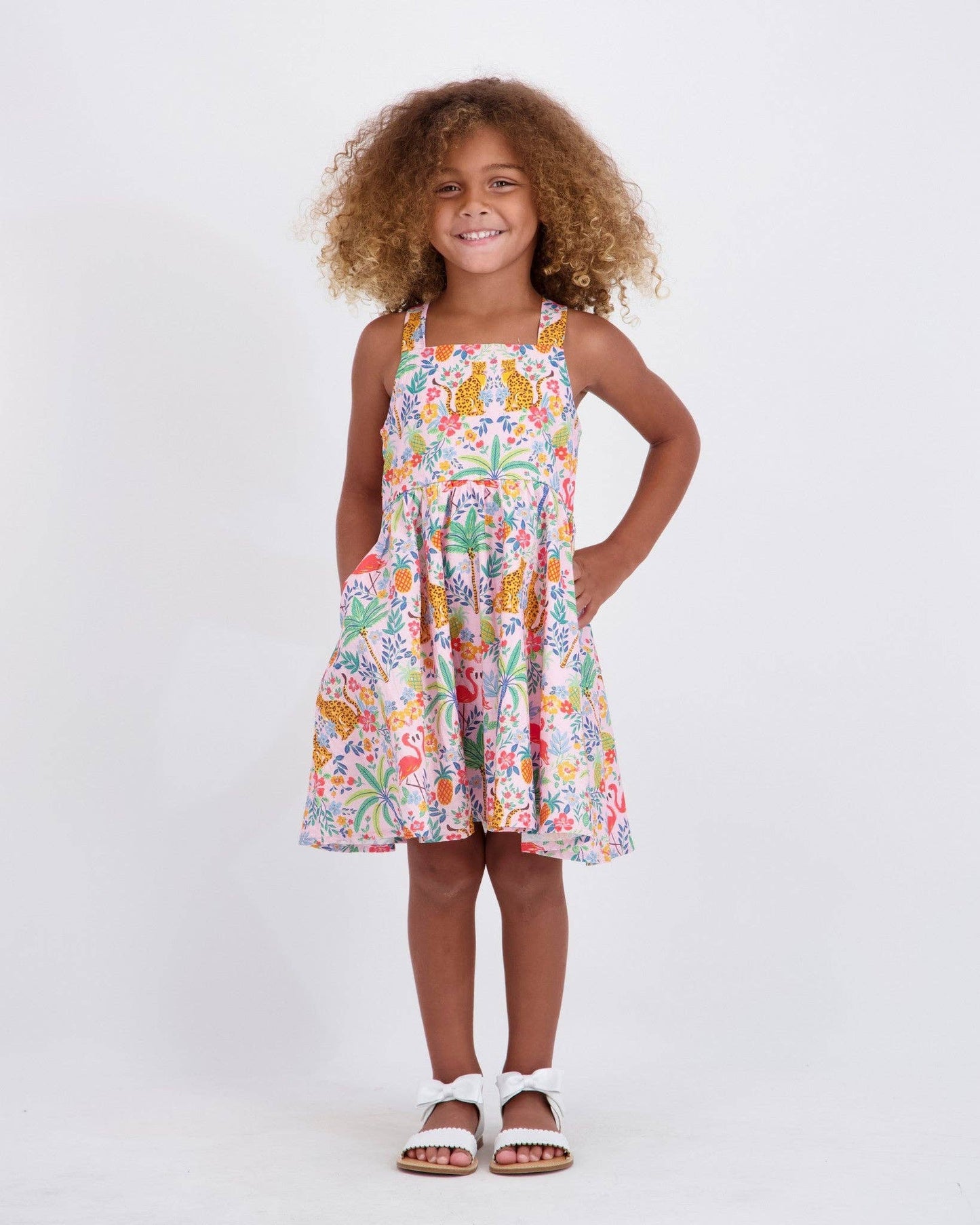 Girls Textured Cotton Poplin Dress | Pink Cheetah