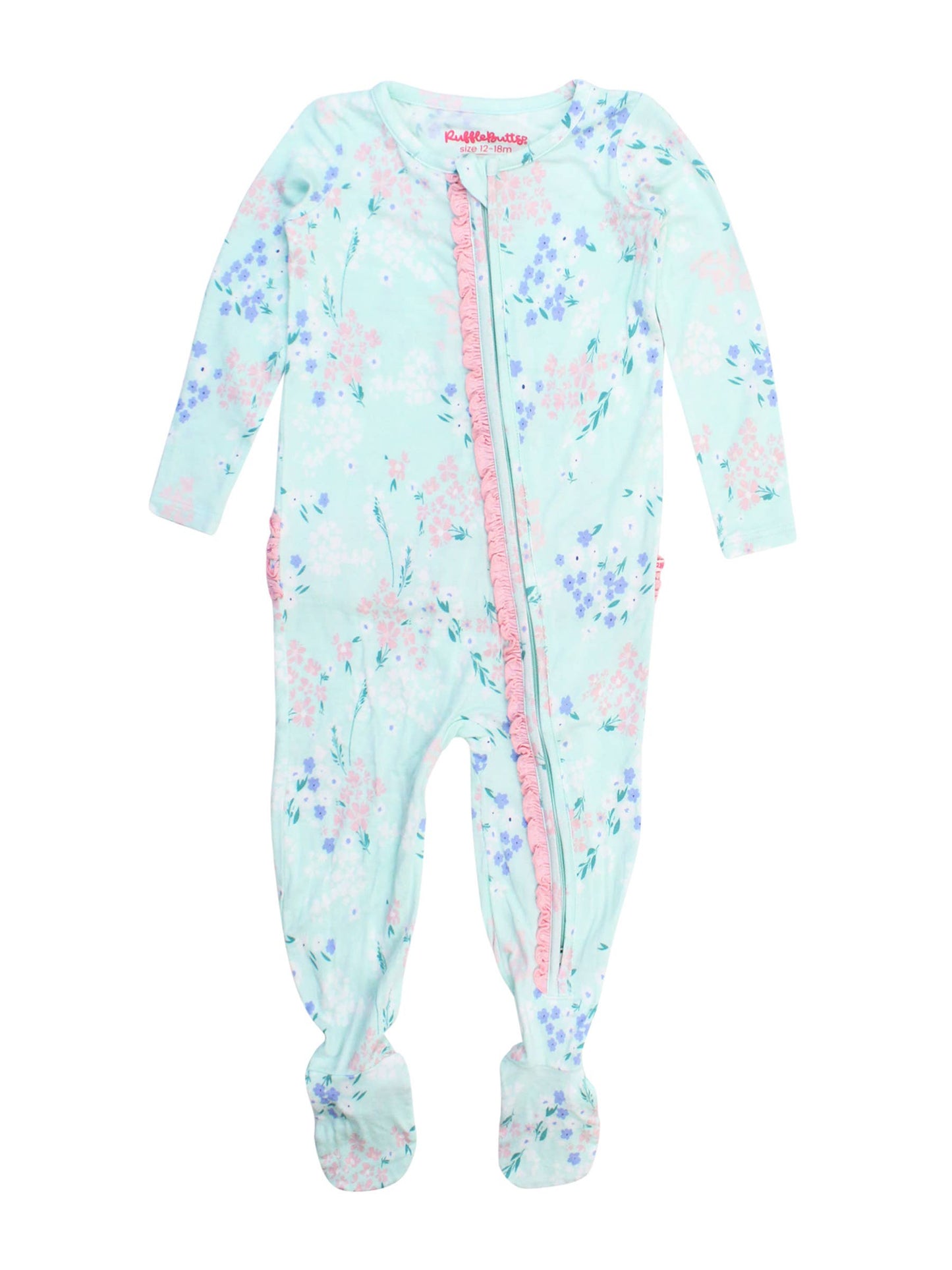 SoftSnooze™ Baby Girls Bamboo Viscose Mint Meadow Footed Ruffle One Piece Pajama