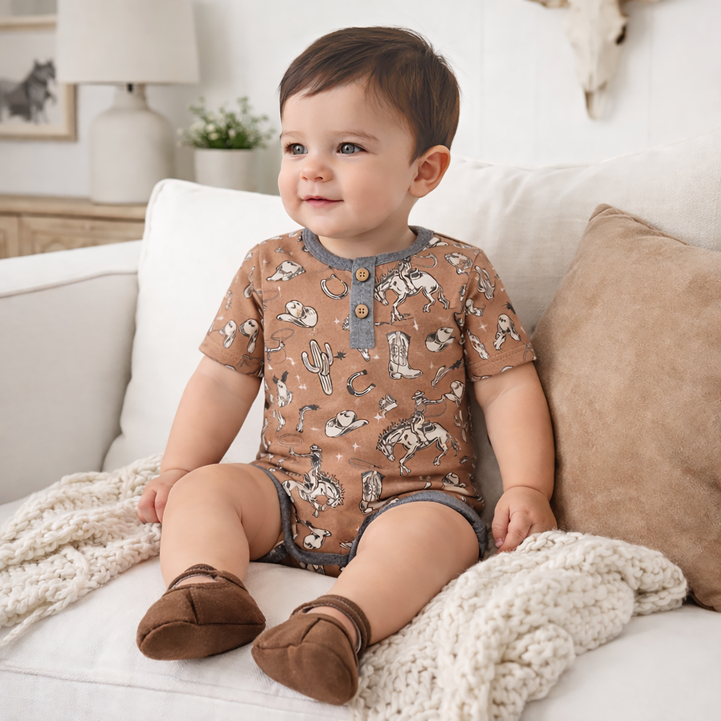 Wild Wrangler/Brown Western Bamboo Shorty Romper for Boys