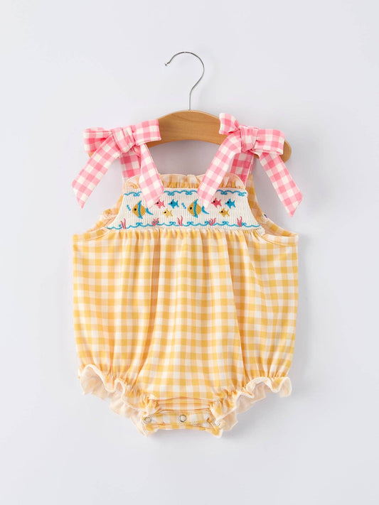 Fish Embroidery Smocking Plaid Baby Girl Romper