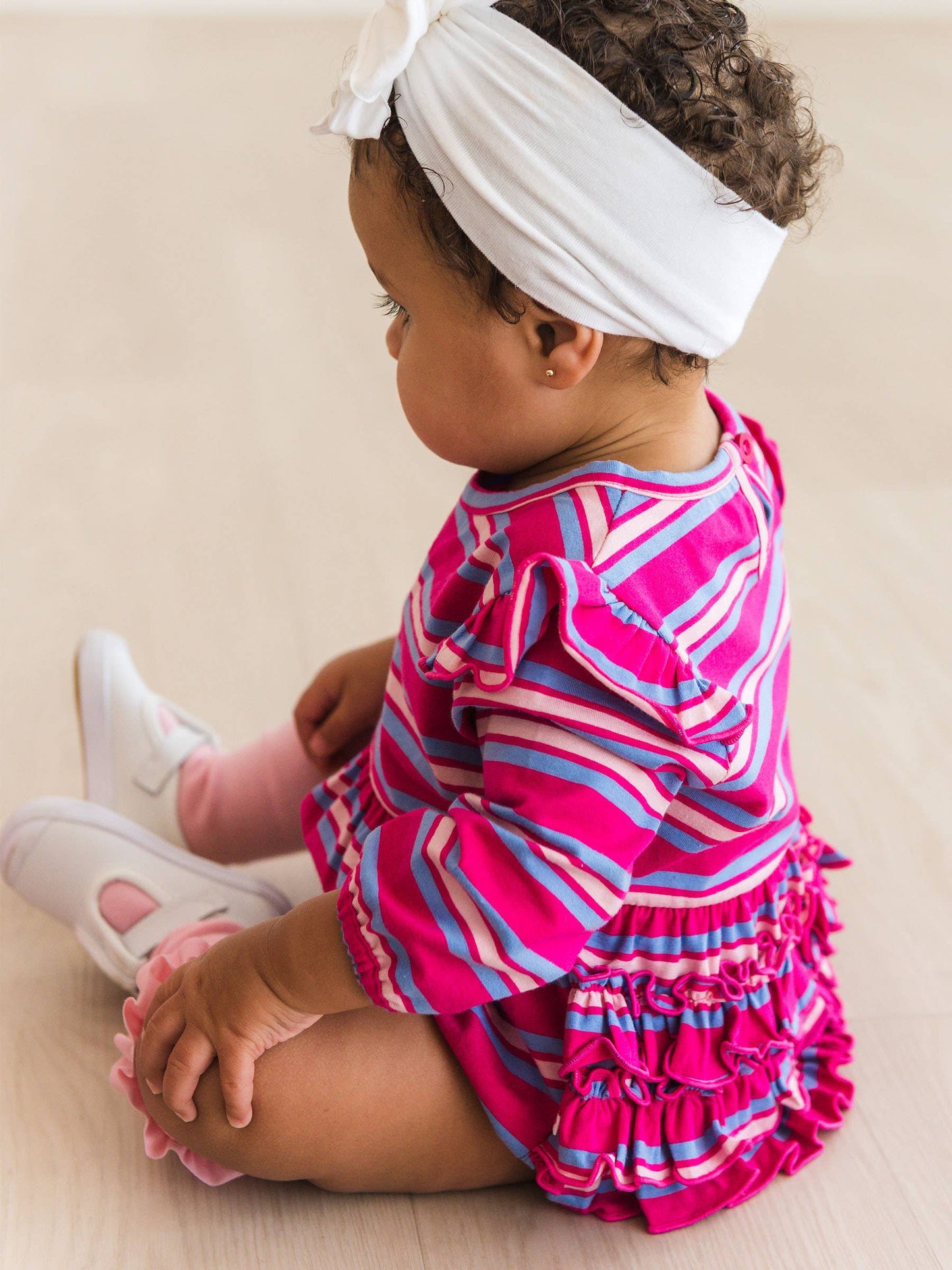 Baby Girls Very Berry & Periwinkle Blue Stripe Knit Long Sleeve Flutter Bubble Romper