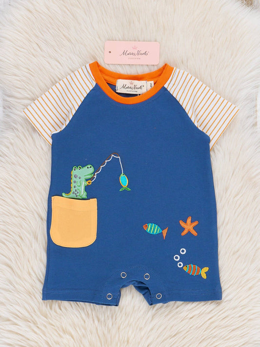 Embroidered Fishing Alligator Pocket Romper