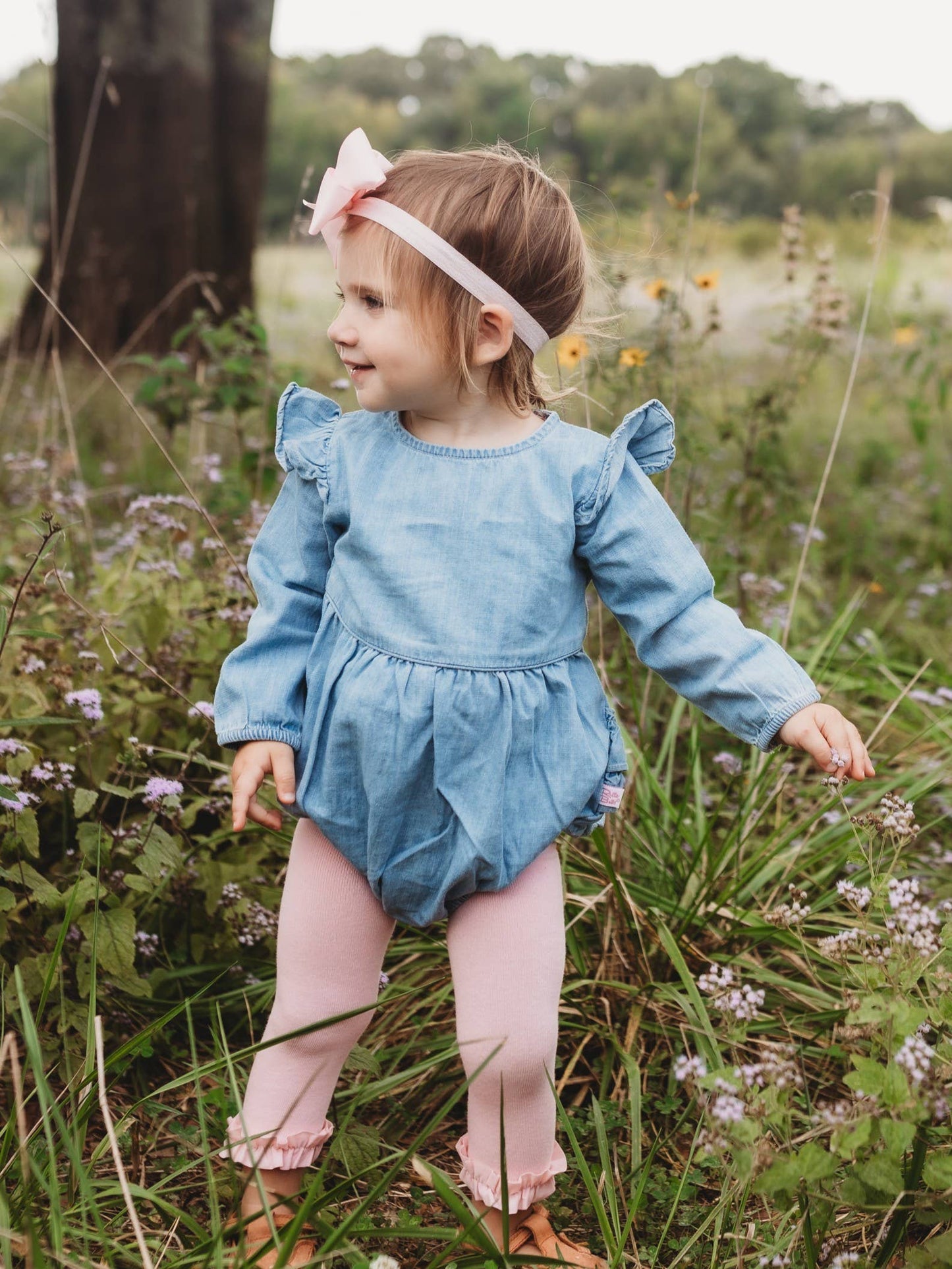 Baby Girls Light Wash Denim Long Sleeve Flutter Bubble Romper