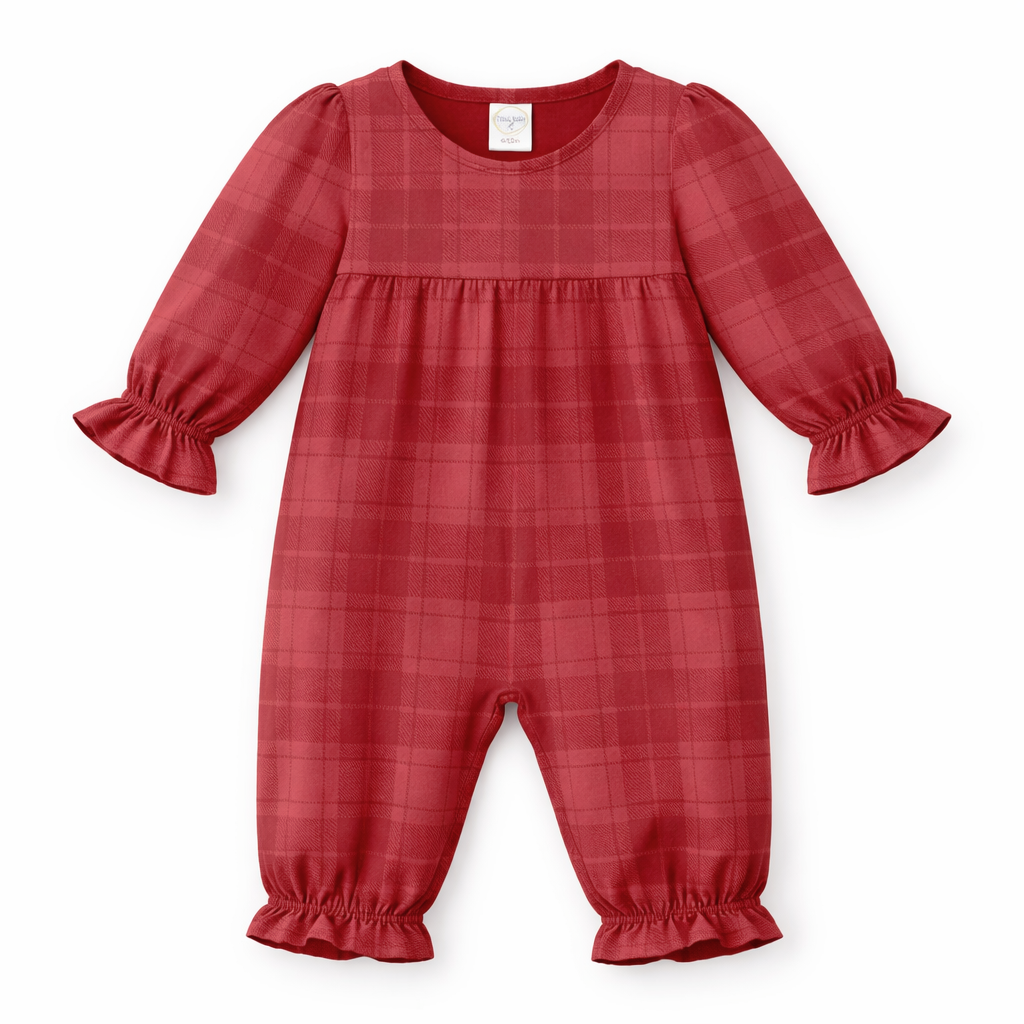 Plaid Baby Girl Christmas Romper With Ruffles & Puff Sleeves