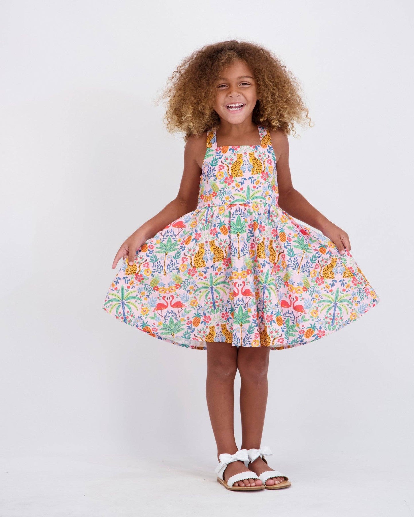 Girls Textured Cotton Poplin Dress | Pink Cheetah