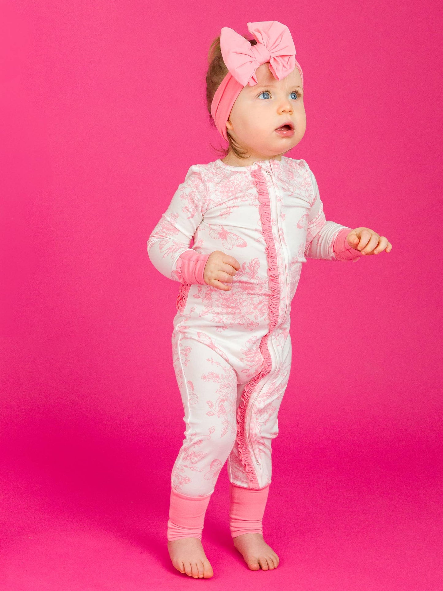 SoftSnooze™ Baby Girls Bamboo Viscose Pink Butterfly Garden Toile Convertible Ruffle One Piece Footie Pajama