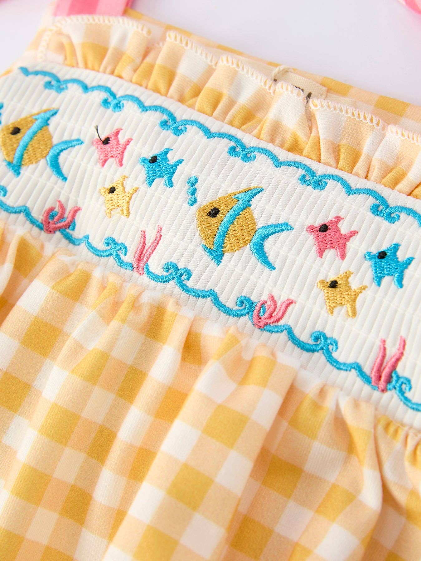 Fish Embroidery Smocking Plaid Baby Girl Romper