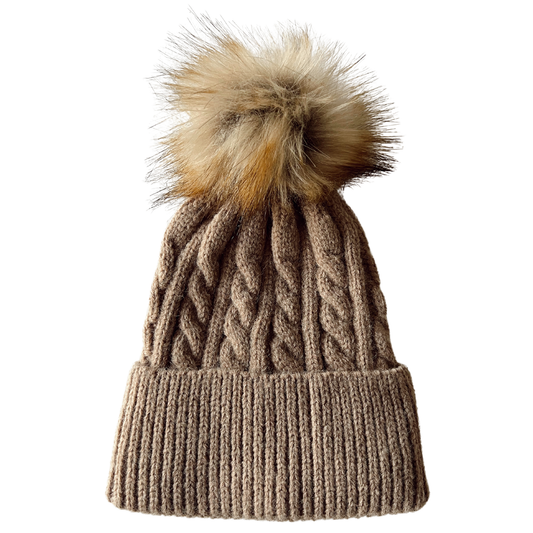 Cable Knit Fur Pom Hat, Walnut