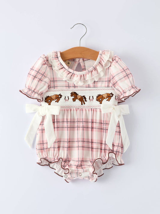 Western Horse Embroidered Smocked Plaid Baby Girl Romper