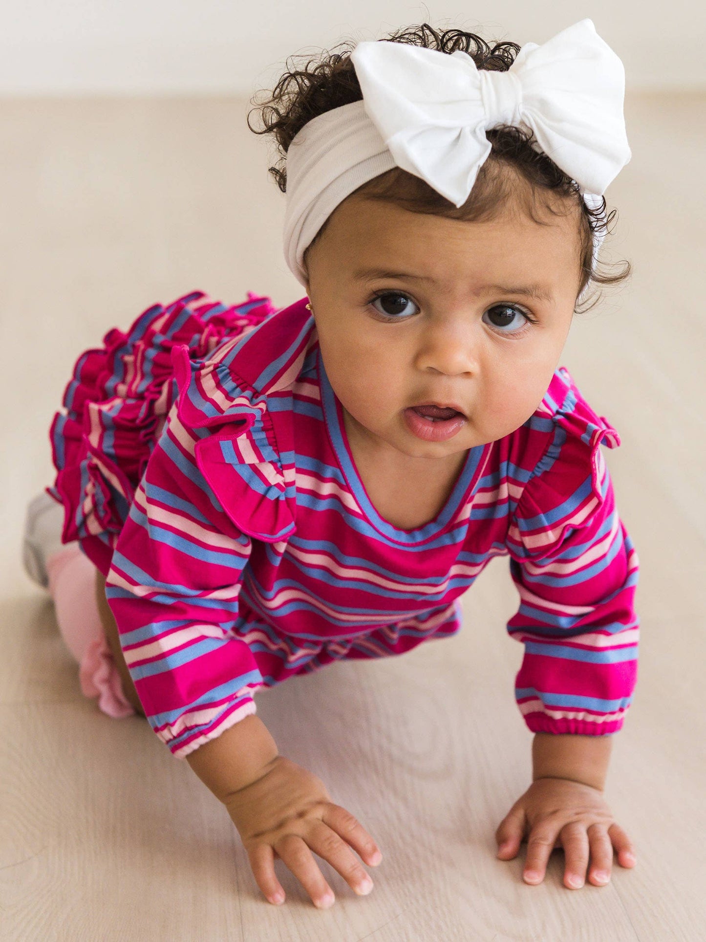 Baby Girls Very Berry & Periwinkle Blue Stripe Knit Long Sleeve Flutter Bubble Romper