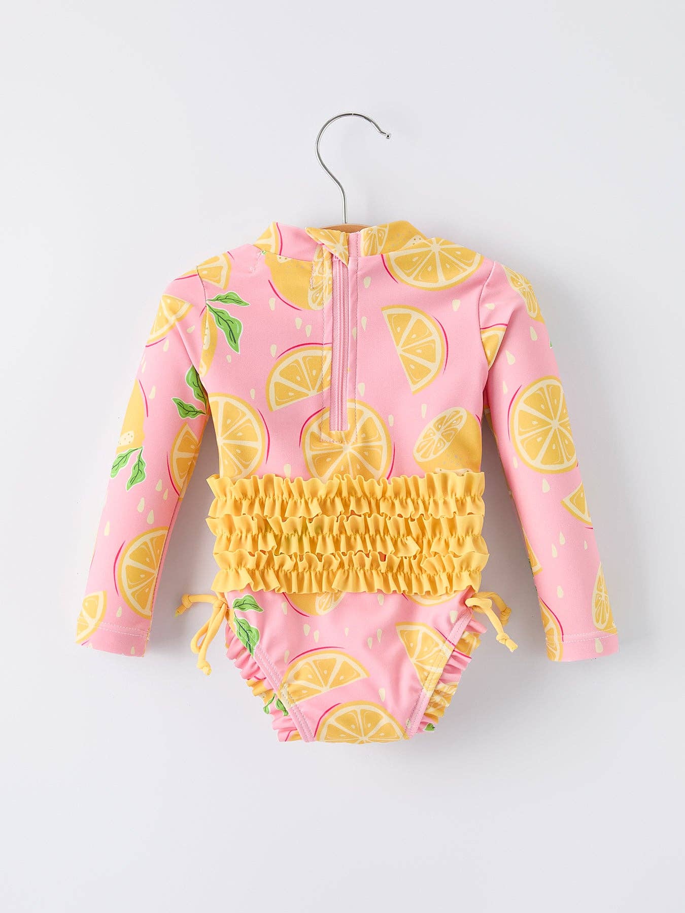 Summer Lemon Print Girl Long Sleeve Ruffle One Piece Swimsuit