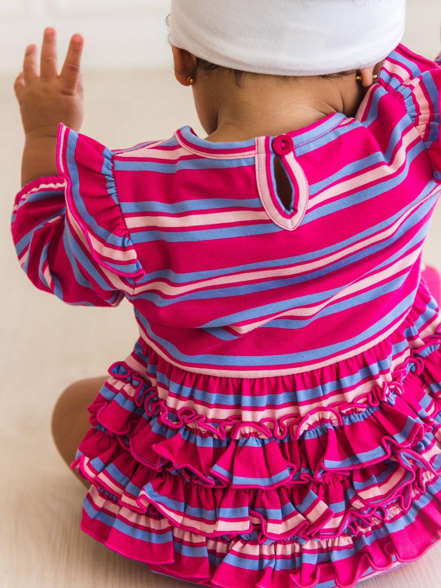 Baby Girls Very Berry & Periwinkle Blue Stripe Knit Long Sleeve Flutter Bubble Romper