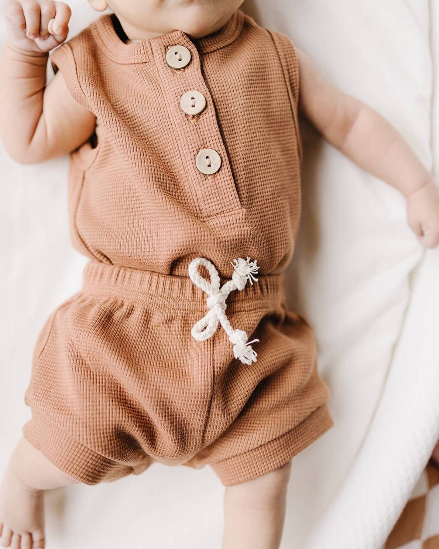 Rust Waffle Cotton Top & Shorts Set - Baby