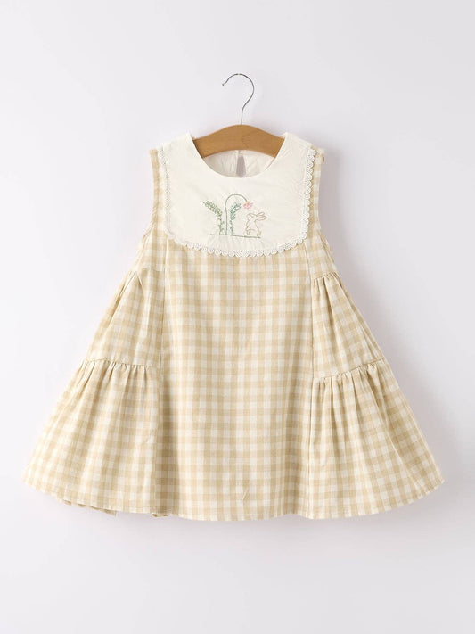 Apricot Plaid Embroidered Bunny Sleeveless Dress