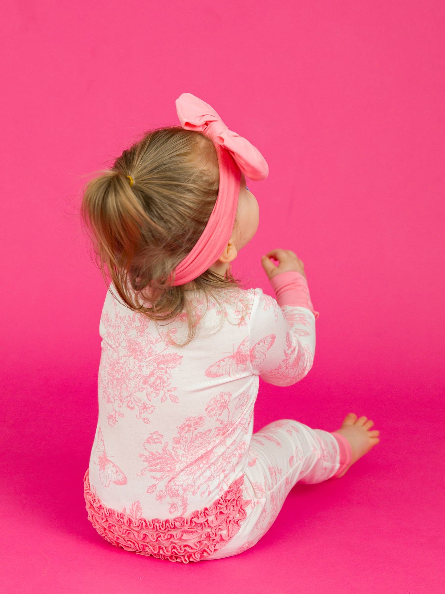 SoftSnooze™ Baby Girls Bamboo Viscose Pink Butterfly Garden Toile Convertible Ruffle One Piece Footie Pajama