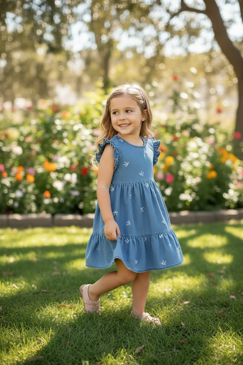 Bow ruffle hem dress with angel sleeves