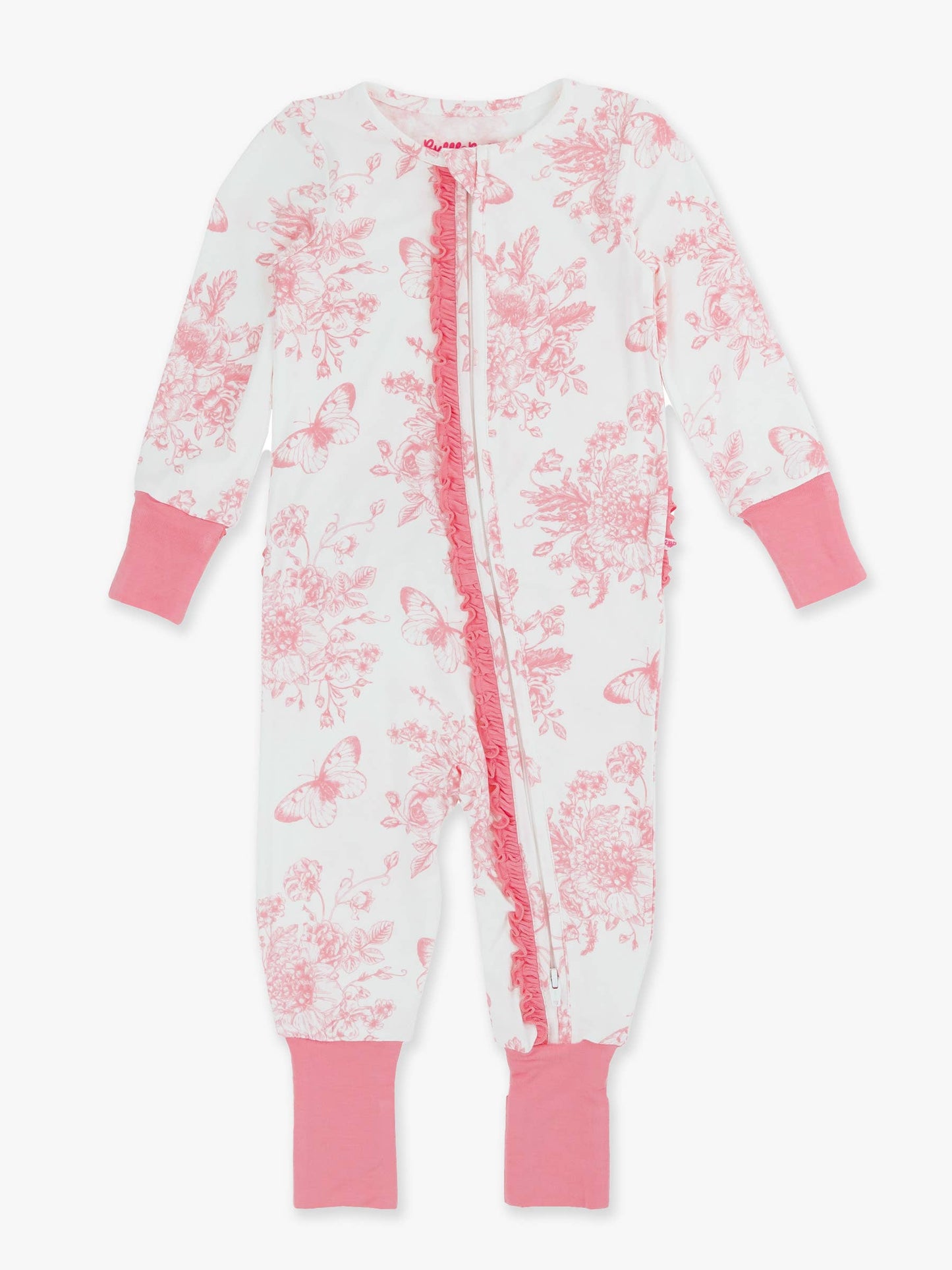 SoftSnooze™ Baby Girls Bamboo Viscose Pink Butterfly Garden Toile Convertible Ruffle One Piece Footie Pajama
