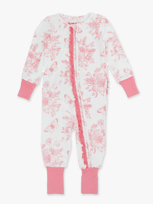 SoftSnooze™ Baby Girls Bamboo Viscose Pink Butterfly Garden Toile Convertible Ruffle One Piece Footie Pajama