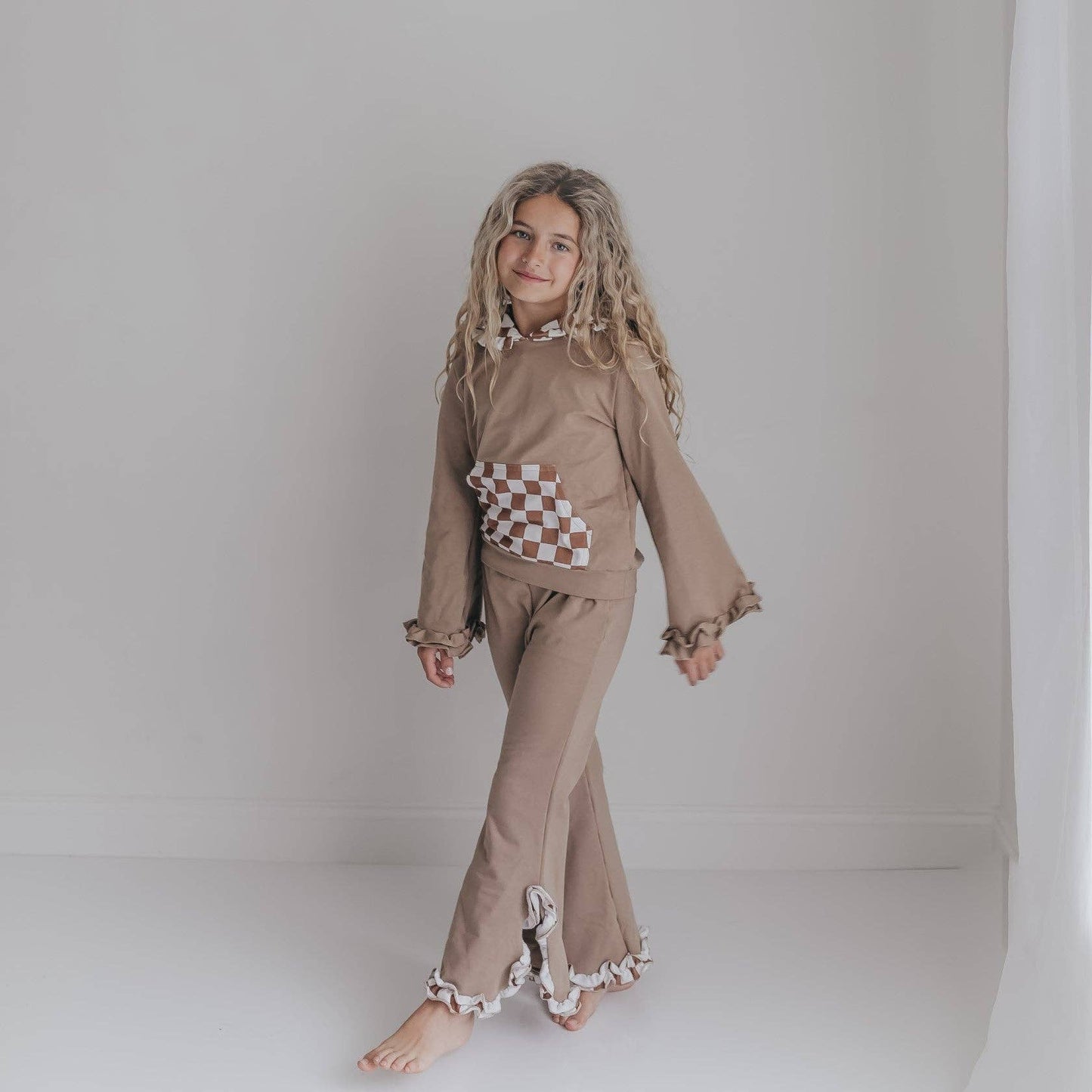 Kids Tan Checkered Hooded Ruffle Pocket Fall Lounge Set