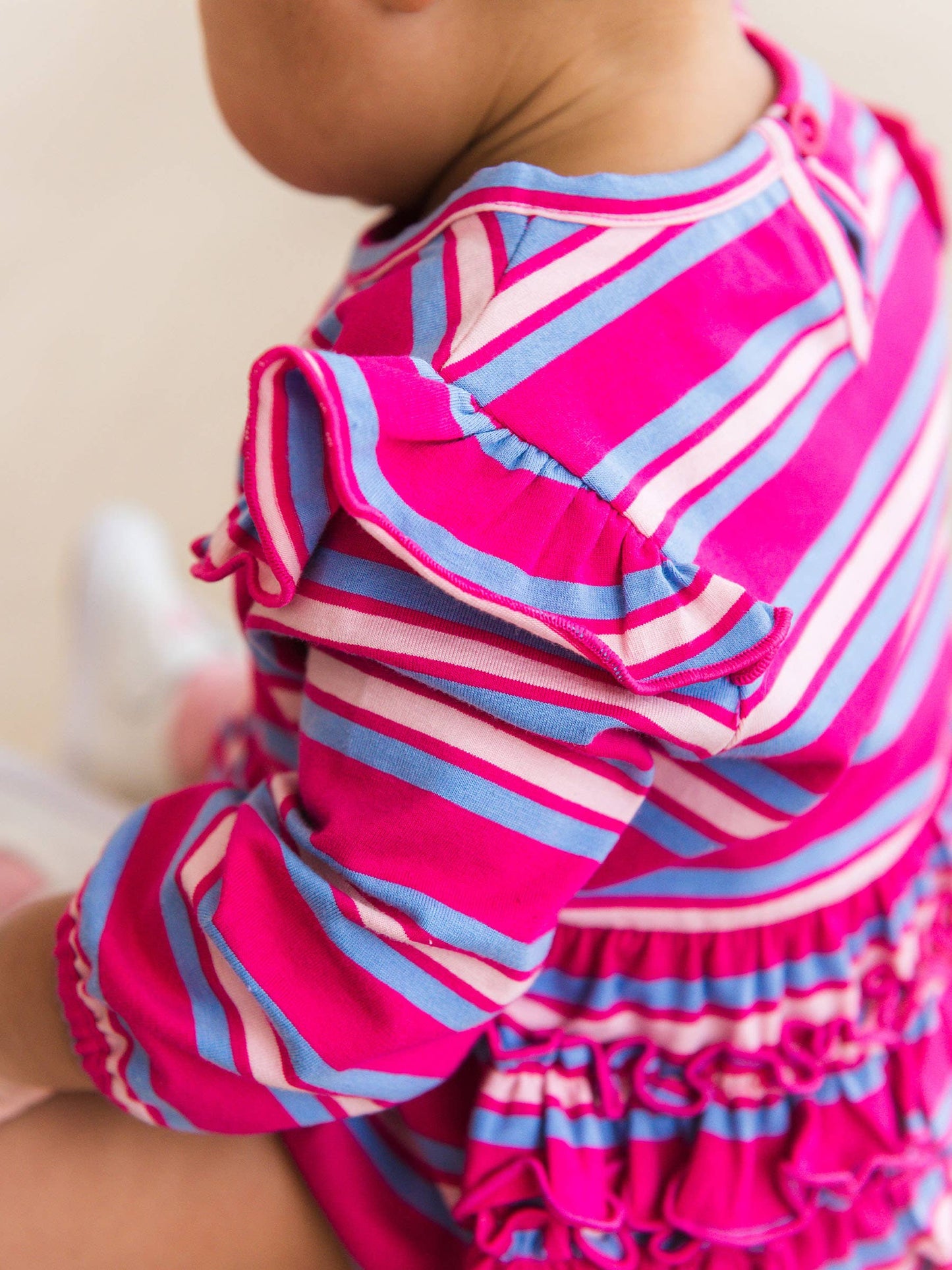 Baby Girls Very Berry & Periwinkle Blue Stripe Knit Long Sleeve Flutter Bubble Romper