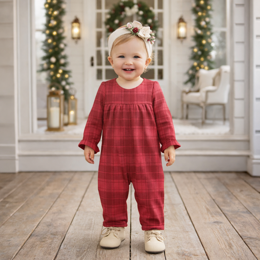 Plaid Baby Girl Christmas Romper With Ruffles & Puff Sleeves