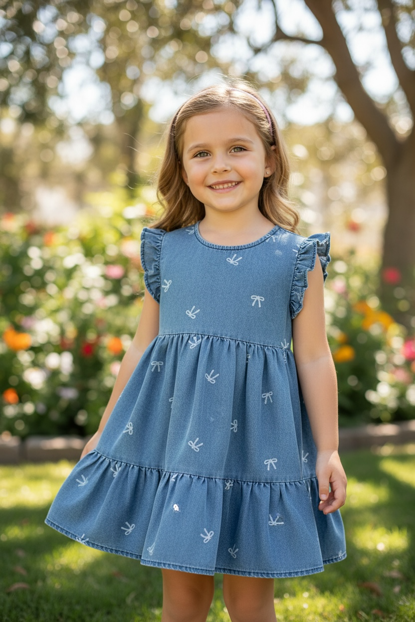 Bow ruffle hem dress with angel sleeves