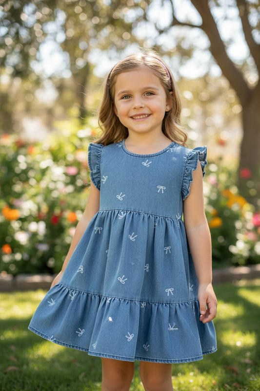 Bow ruffle hem dress with angel sleeves
