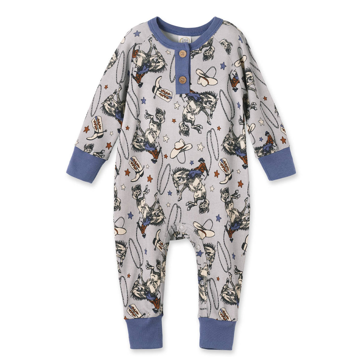 Western Cowboy Rodeo Henley Baby Boy Romper - Bamboo