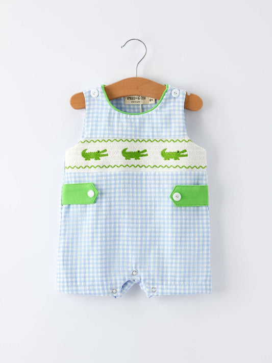Baby Boys Summer Crocodile Embroidered Smocked Romper