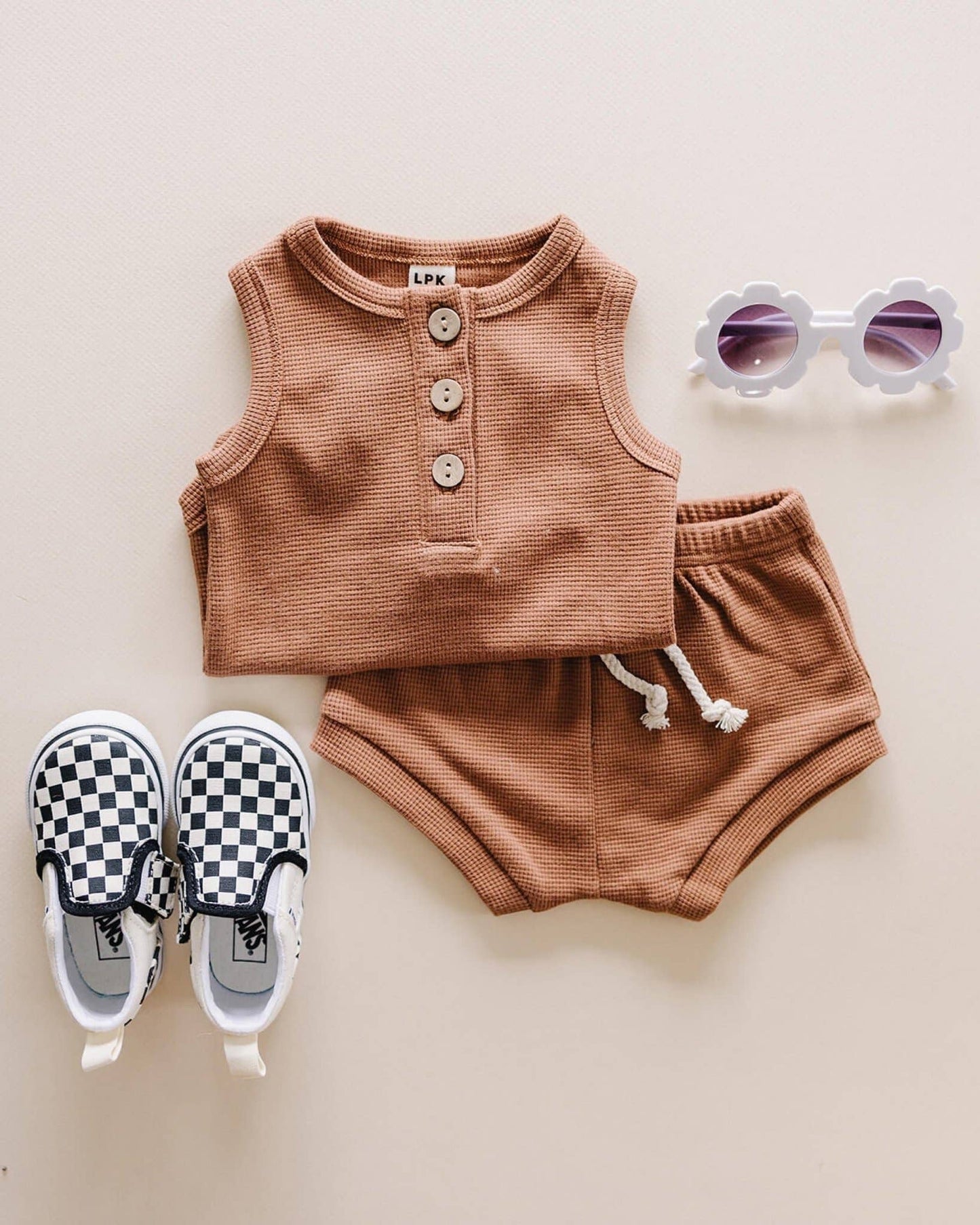 Rust Waffle Cotton Top & Shorts Set - Baby