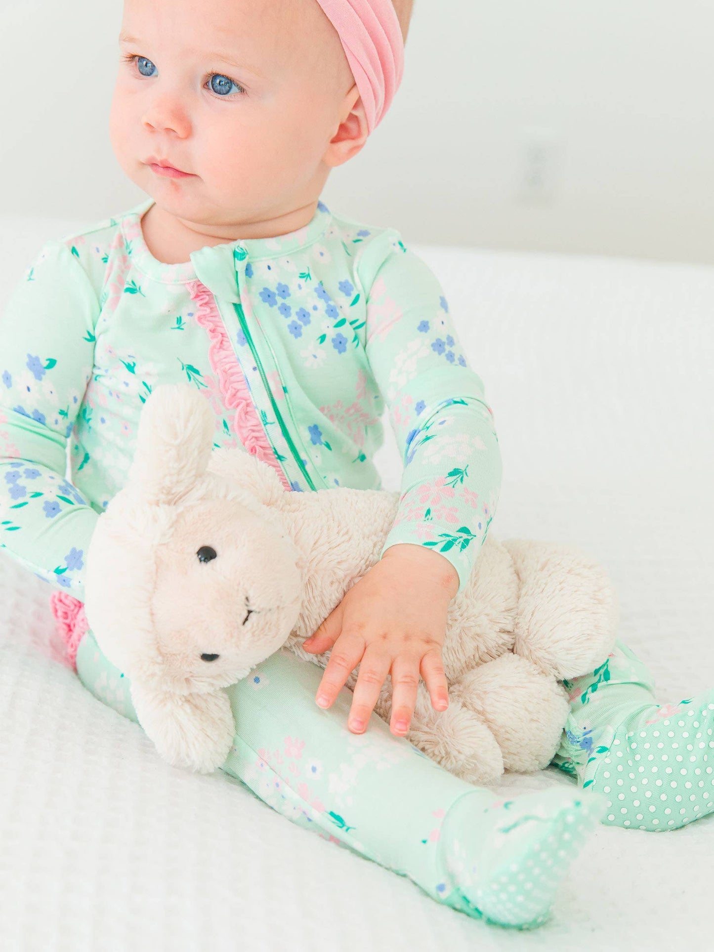 SoftSnooze™ Baby Girls Bamboo Viscose Mint Meadow Footed Ruffle One Piece Pajama