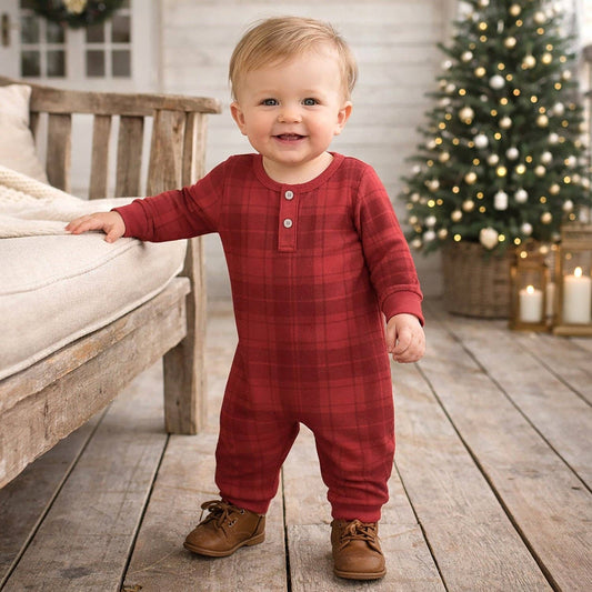 Plaid Baby Boy Henley Christmas Romper In Soft Cotton Rib