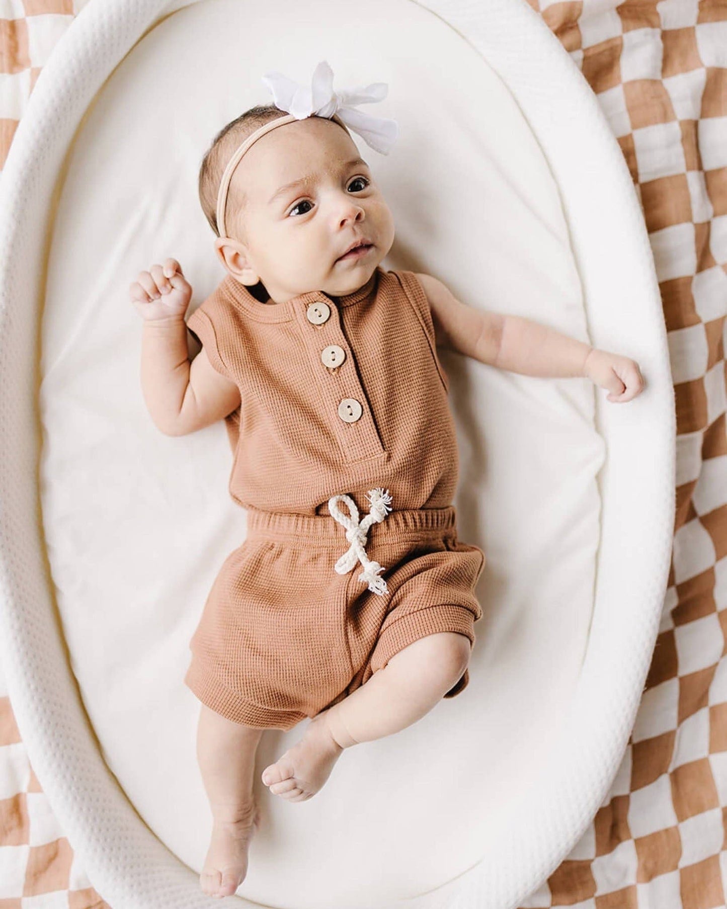 Rust Waffle Cotton Top & Shorts Set - Baby