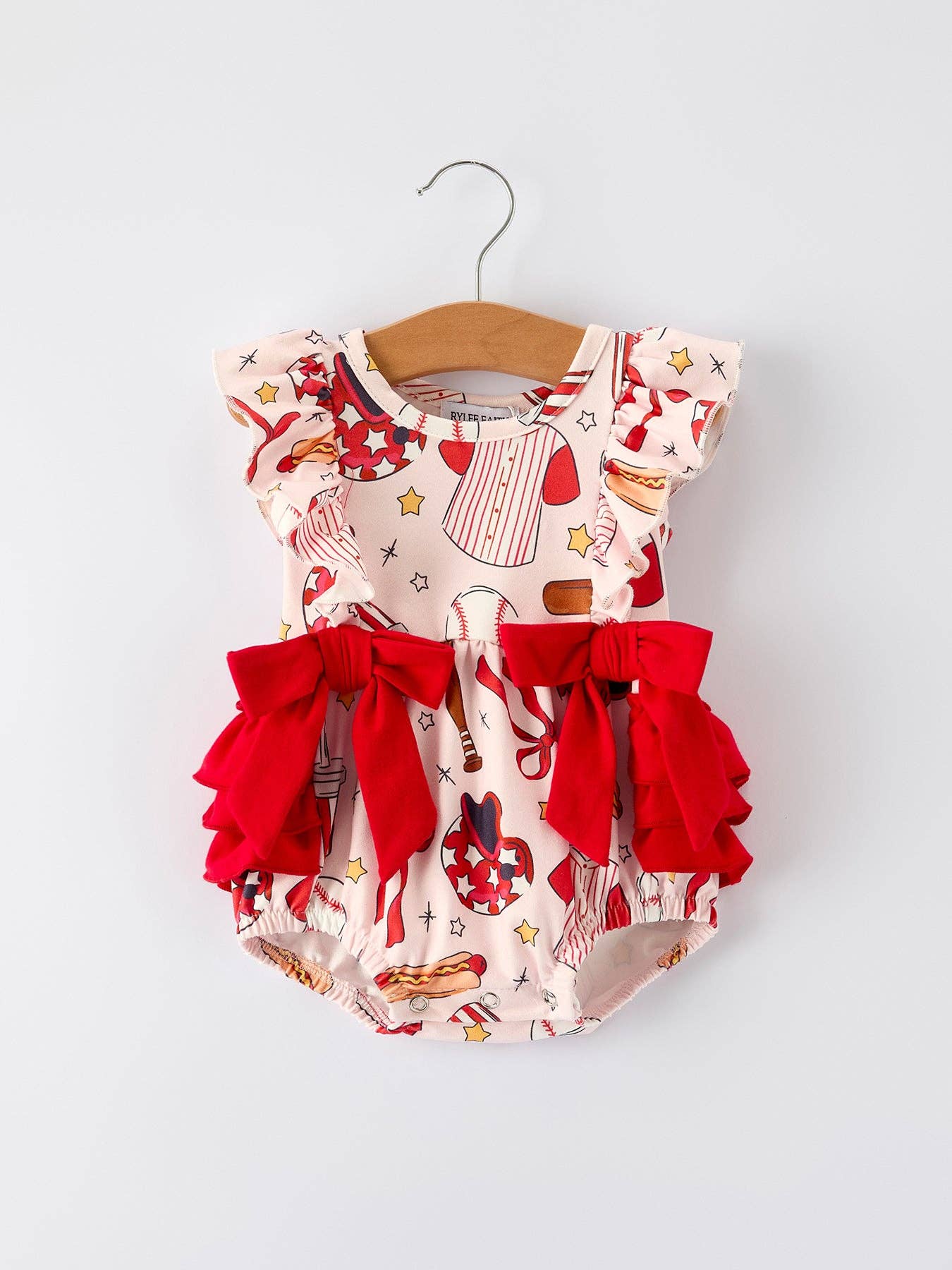 Baby Girl Romper with Red Bows Baseball Print